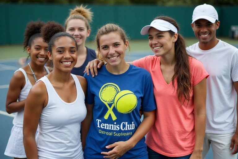 Group of tennis players on court, diverse and smiling