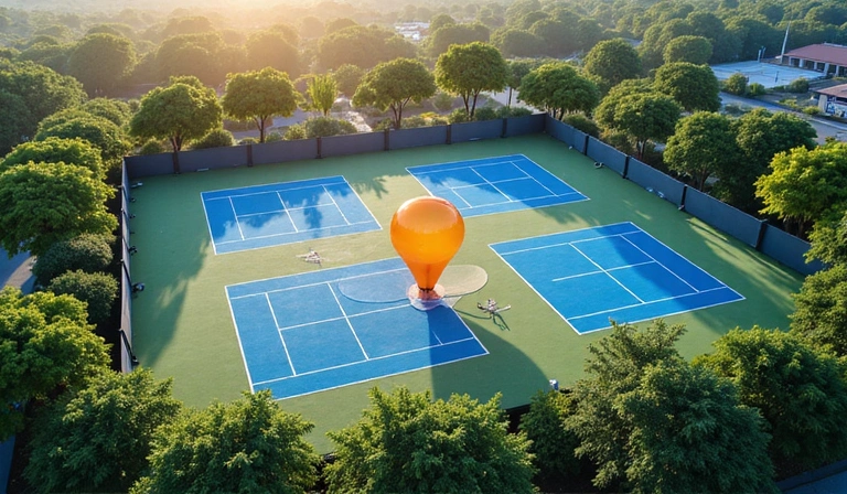 A modern tennis facility viewed from above, with a clear map overlay showing its location