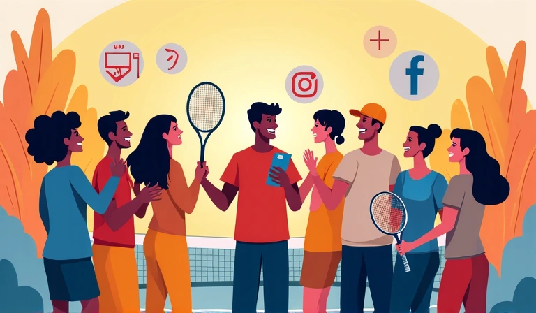 Diverse group of people interacting on social media with tennis themes