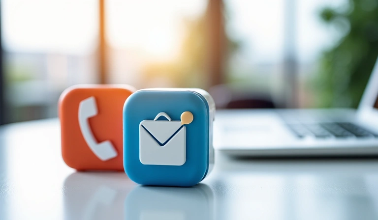 Various communication icons like phone, email, and location pin arranged neatly on a table
