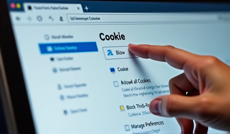 A person's hand interacting with a web browser settings interface, showing options to manage cookies, symbolizing user control over their privacy settings.