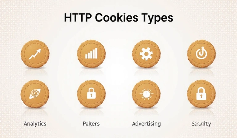 Illustration of various cookies with different functionalities like analytics, preferences, and security symbols.