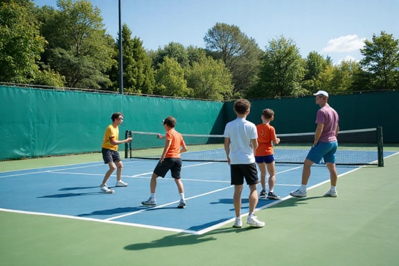 Junior tennis players training on court