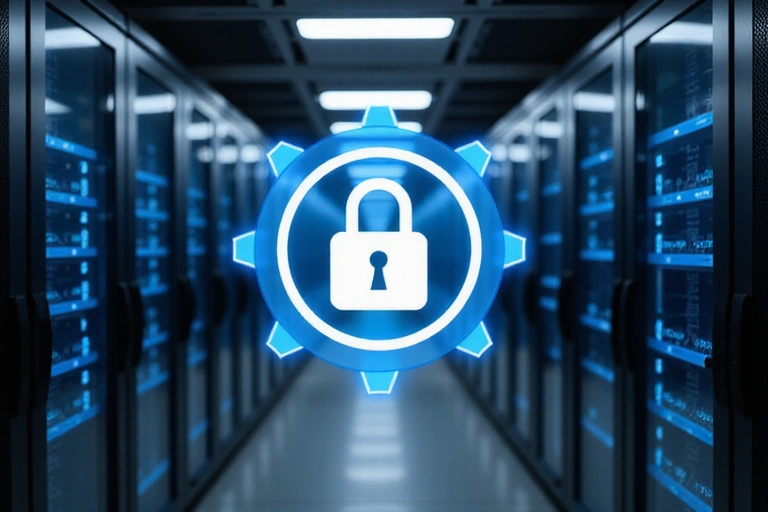 Digital padlock icon on a secure server rack
