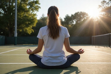 Person meditating on a tennis court