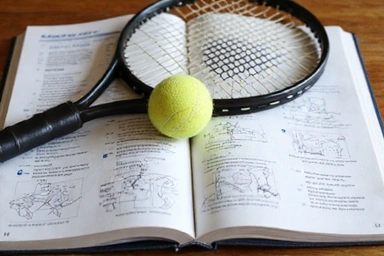 Tennis racket and ball on a textbook